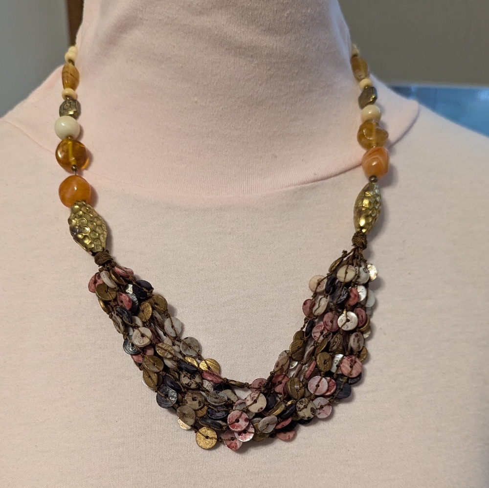 Orange, brown & cream beaded necklace